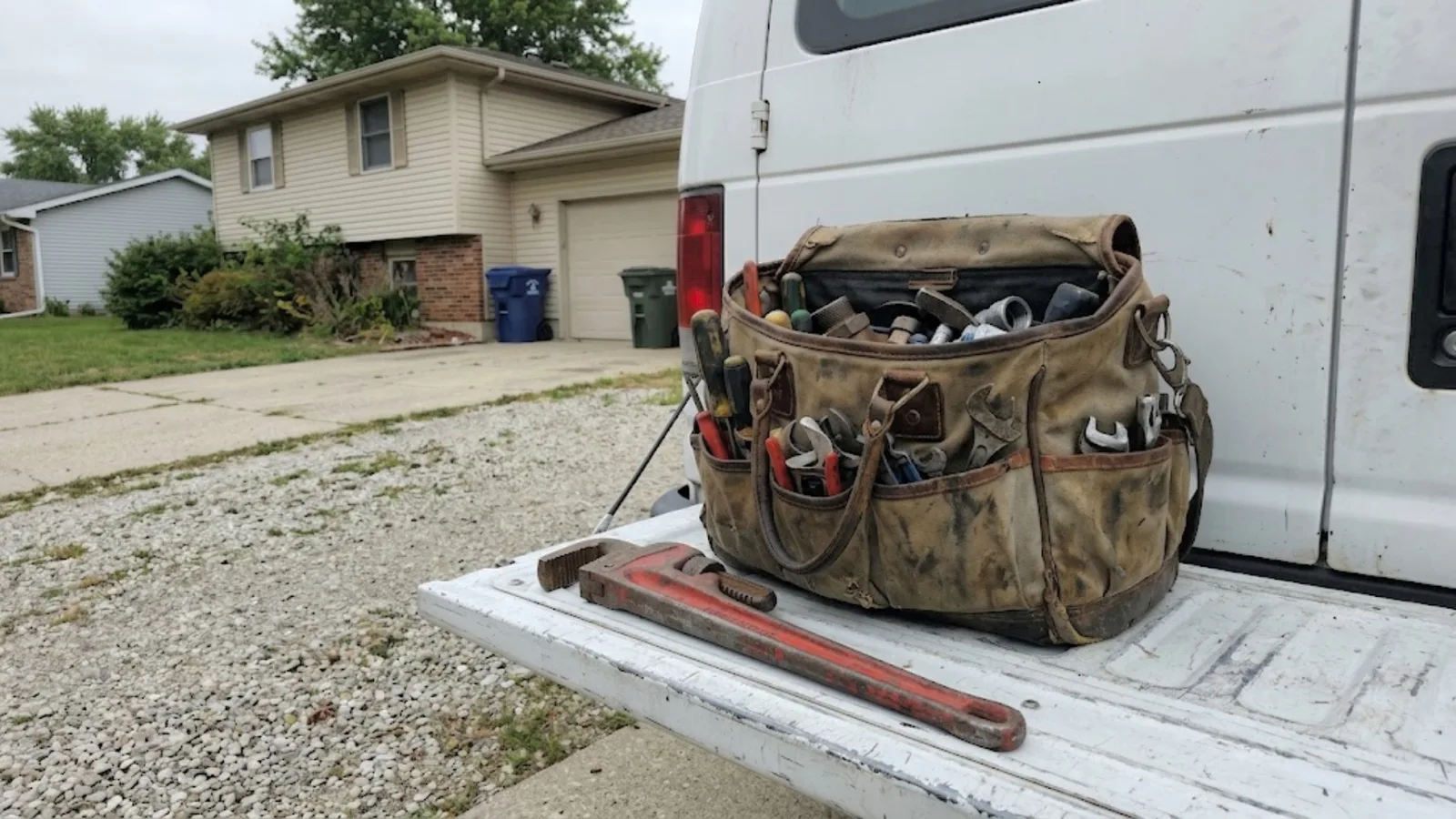 Plumber's tool bag and pipe wrench on the tailgate of a service van in a residential driveway