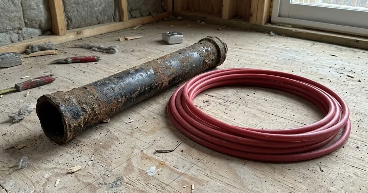 Old corroded cast-iron pipe next to a coil of new red PEX tubing