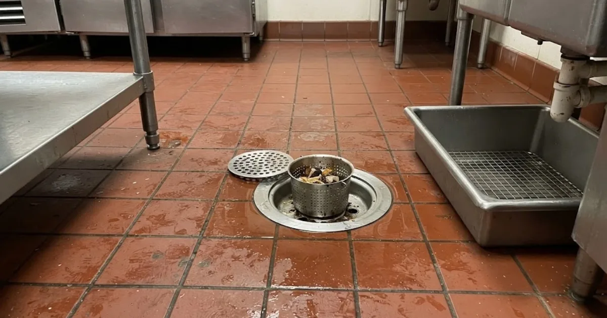 Floor drain set into the tile floor of a commercial kitchen