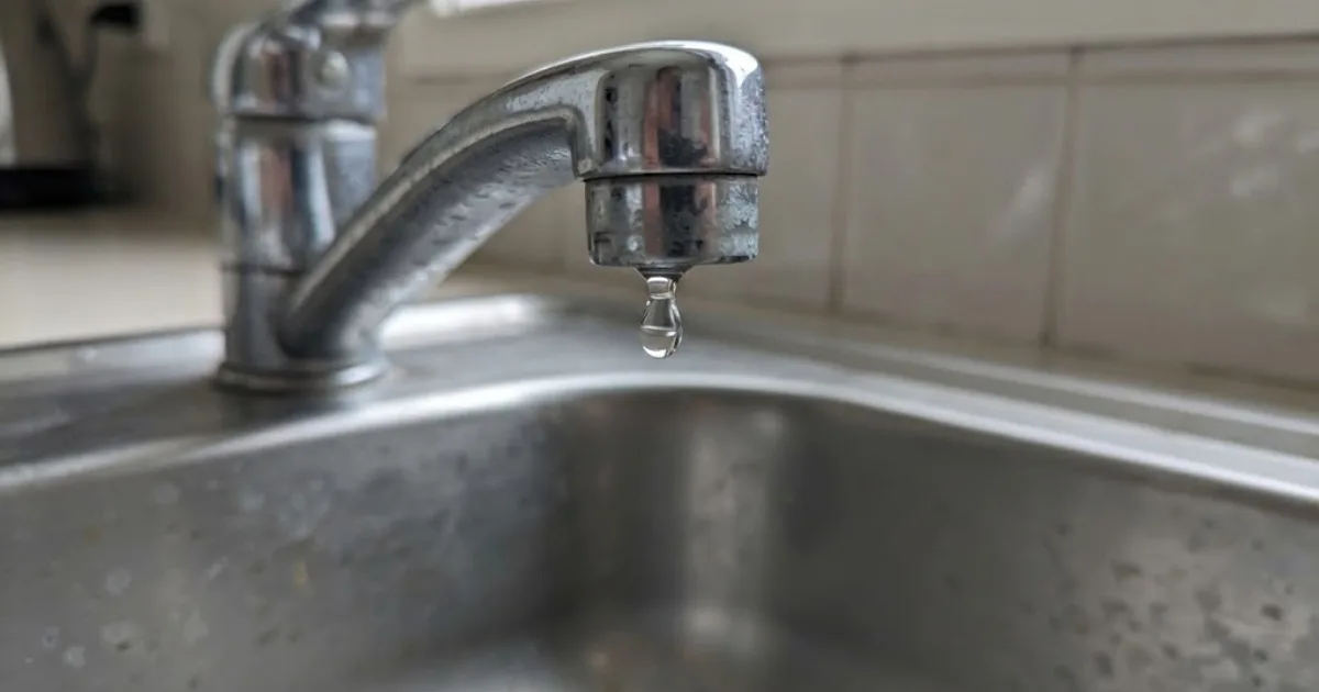 Close-up of a dripping kitchen faucet spout over a stainless sink