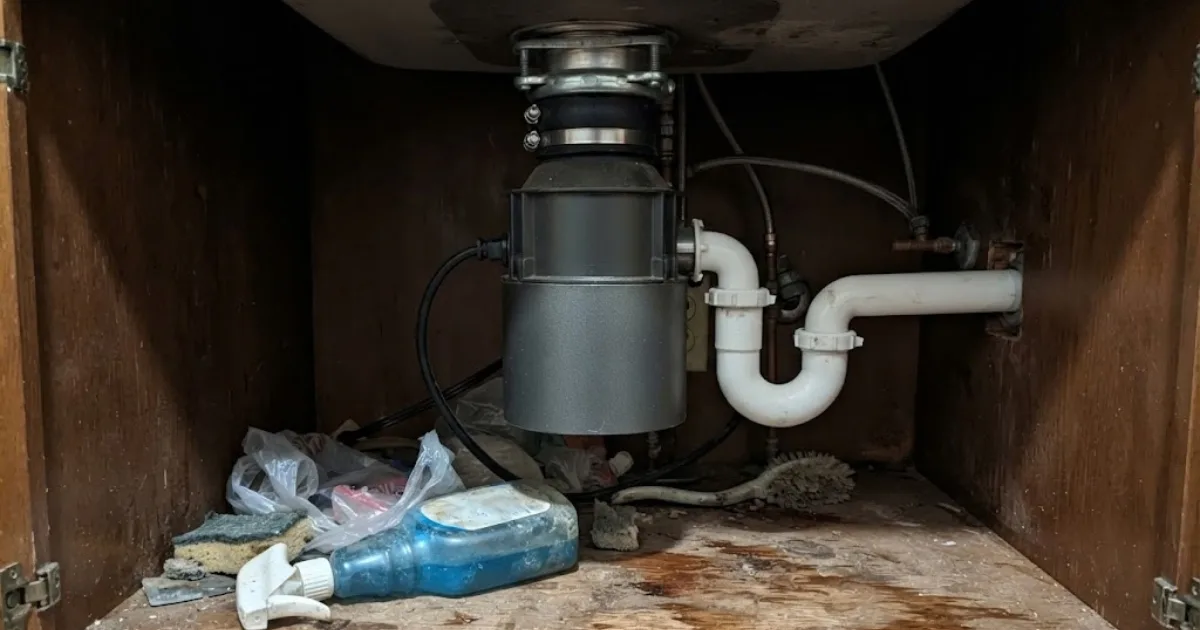 Garbage disposal unit and P-trap plumbing under a kitchen sink