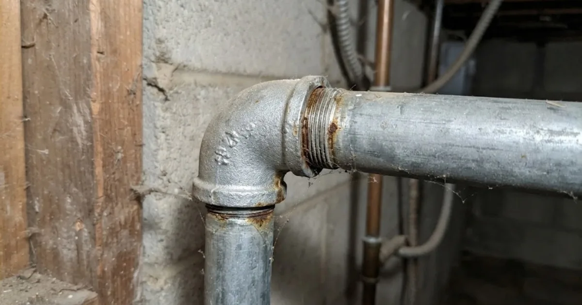 Dull gray galvanized pipe fitting with visible threaded joints