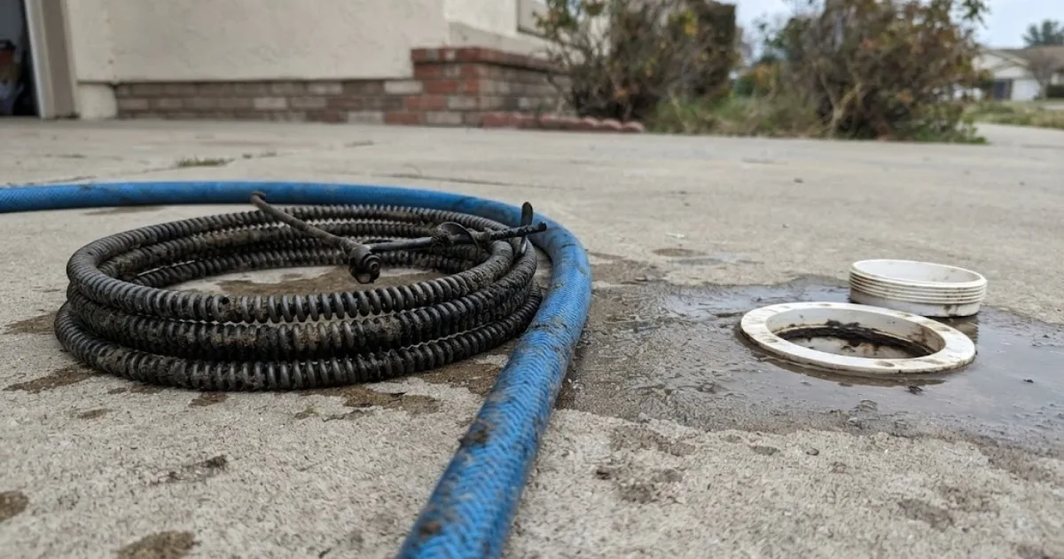 Drain hose and reel equipment positioned at an outdoor cleanout
