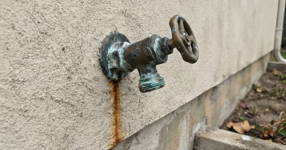 Corroded outdoor hose bib with visible rust staining on an exterior wall