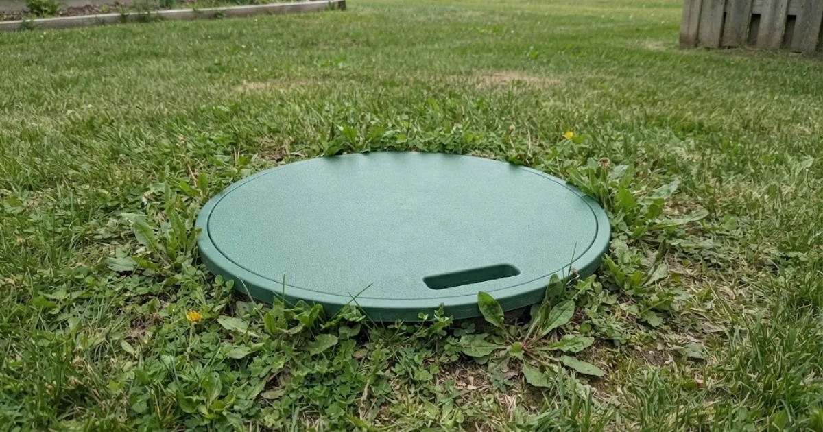 Septic tank access lid set into a grass lawn