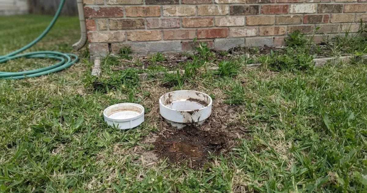 Sewer cleanout access caps set in a grass yard near a garden hose