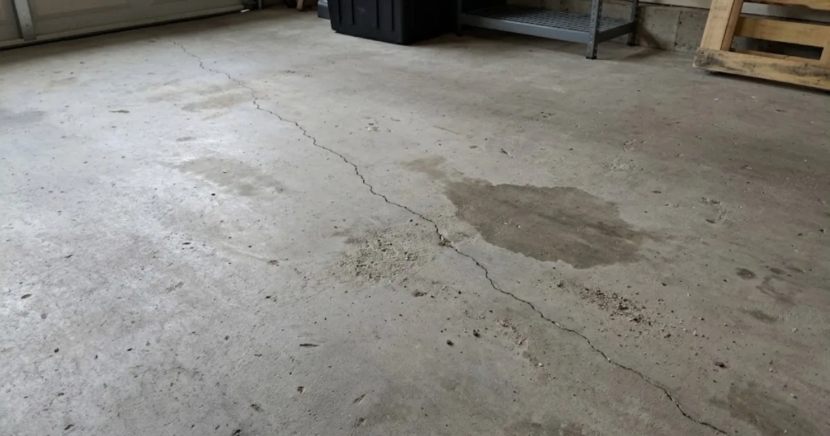 Crack running across a concrete garage floor slab
