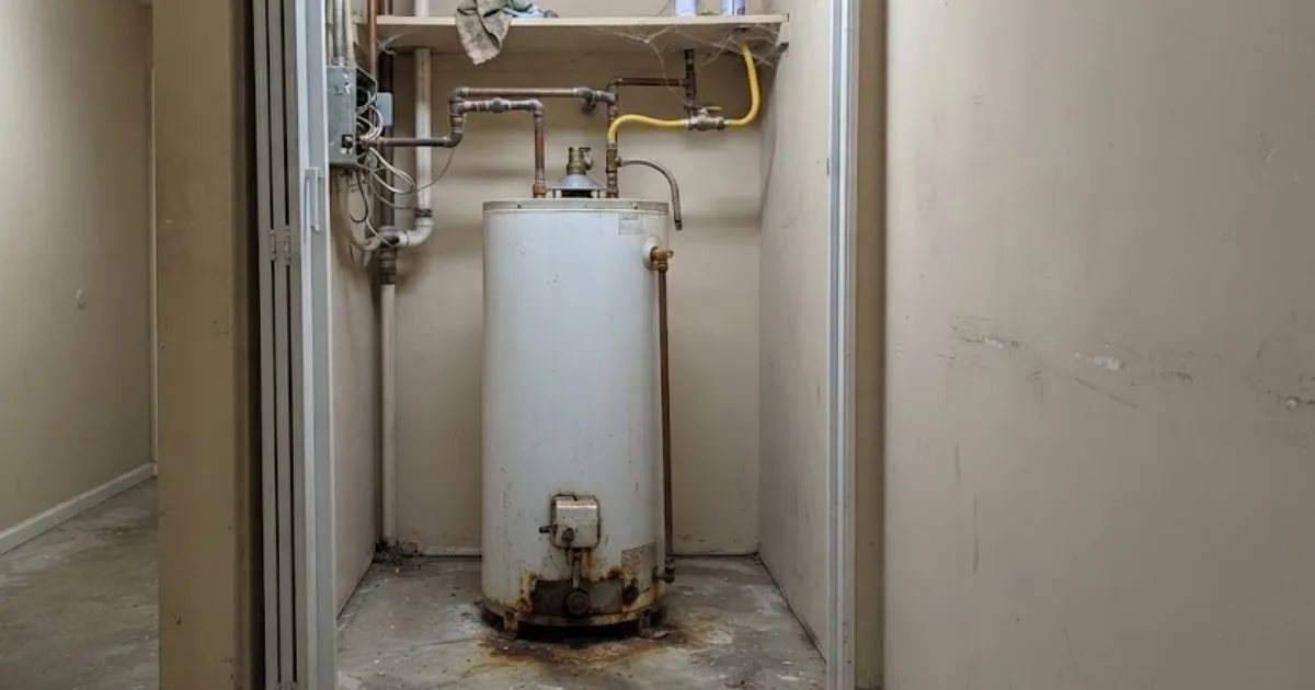 Residential tank water heater installed in a garage utility area