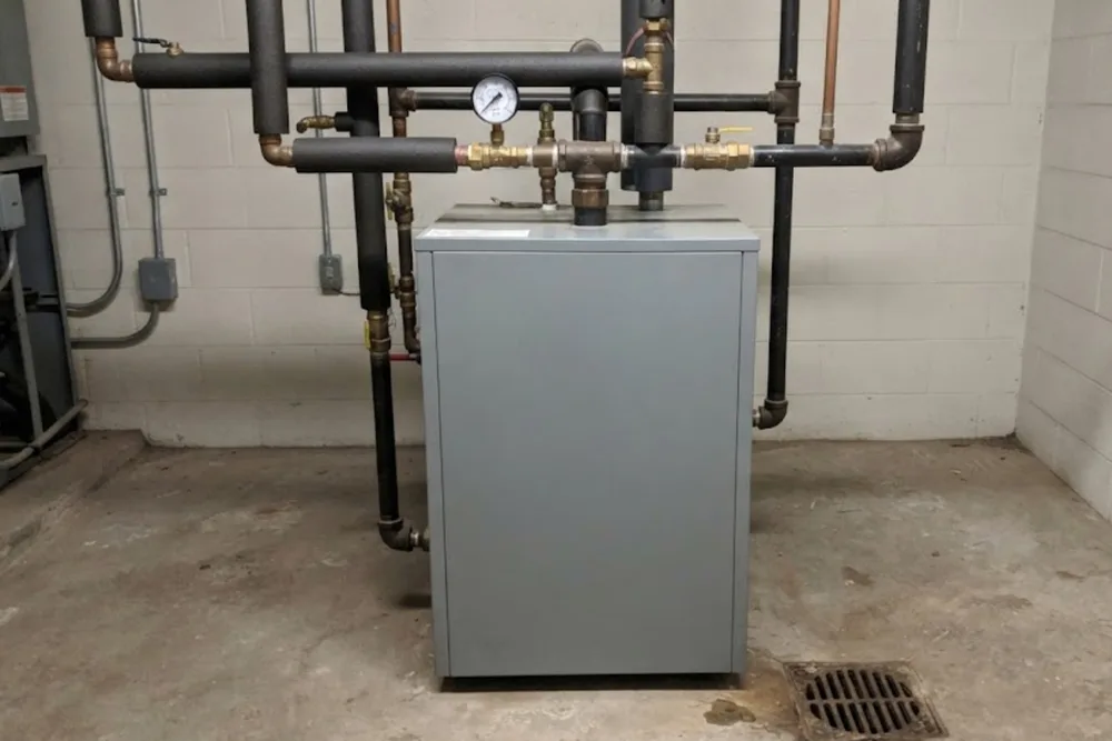 Residential boiler unit and connected piping in a mechanical room