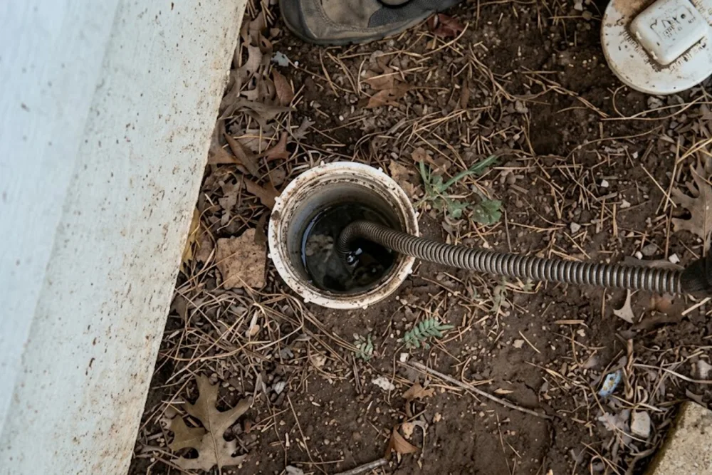 Drain cleaning auger cable inserted into an exterior cleanout access point