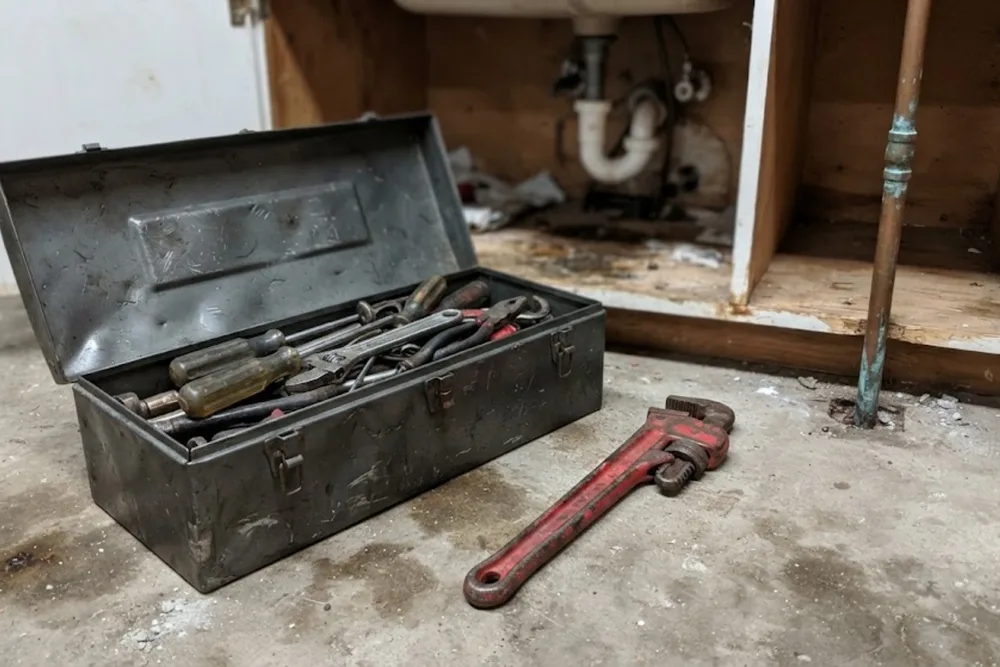Plumber's toolbox and pipe wrench set up on a job site under a sink