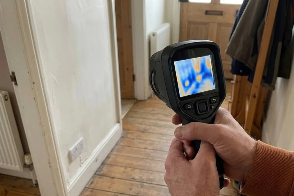 Technician using a handheld thermal imaging camera to detect a hidden leak behind a hallway wall