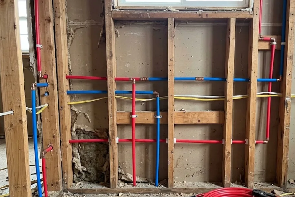 Open wall framing showing new red and blue PEX repiping lines run through wall studs