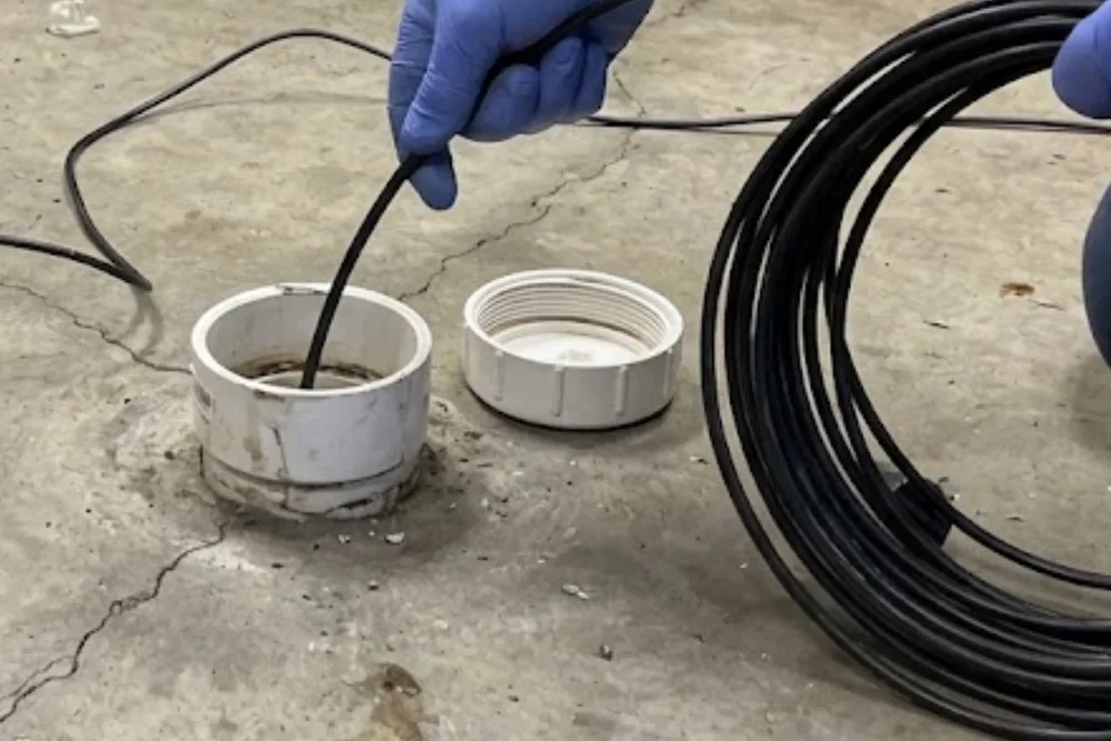 Sewer inspection camera cable being fed into a cleanout access point