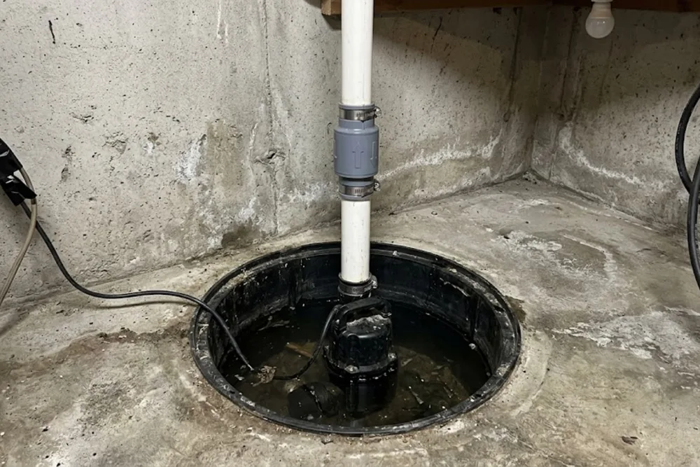 Sump pump and discharge pipe installed in a basement sump pit
