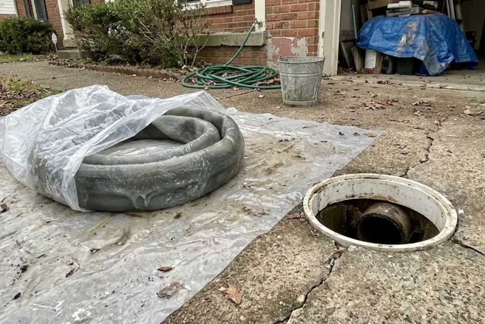 Small trenchless pipe lining access pit in a driveway with coiled liner material