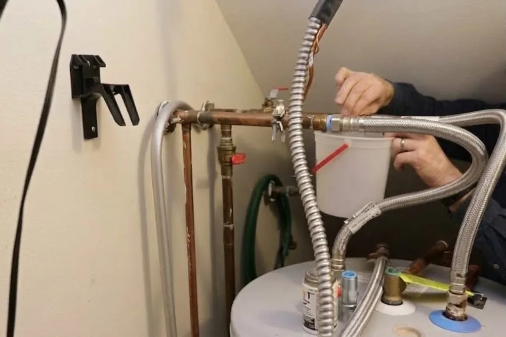 Plumber servicing the supply connections on an existing tank water heater