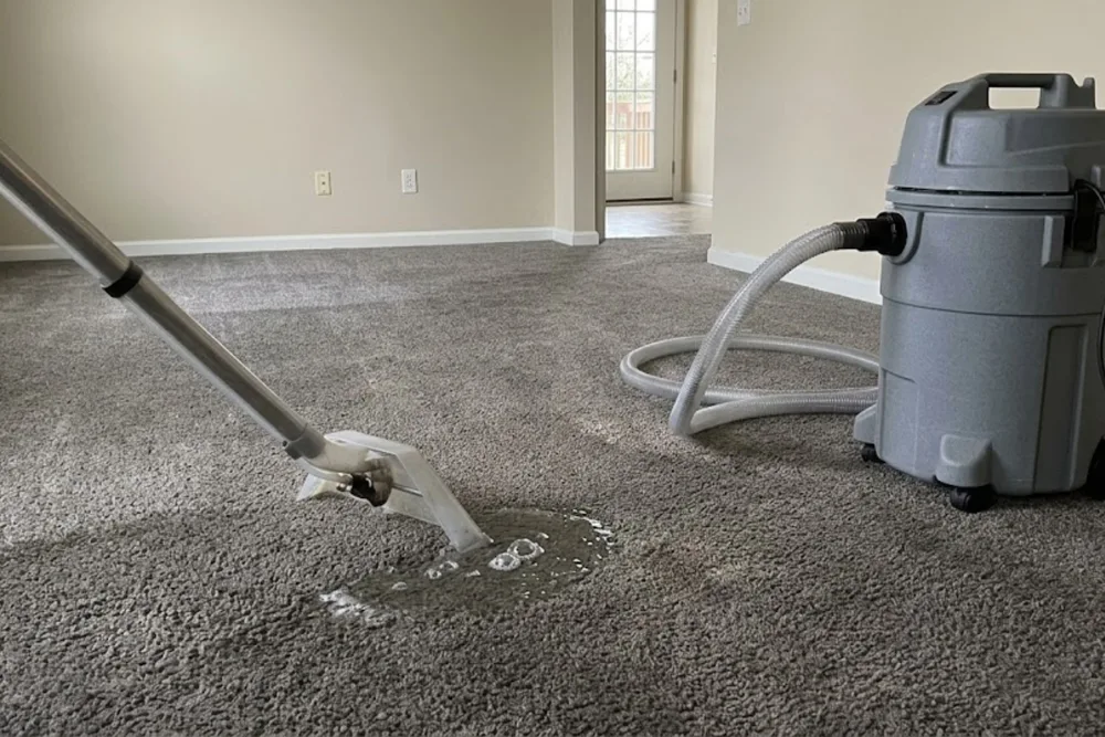 Wet vacuum extracting standing water from a carpeted room during water mitigation