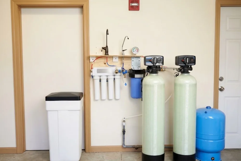 Water softener and filtration tank system installed in a home utility closet